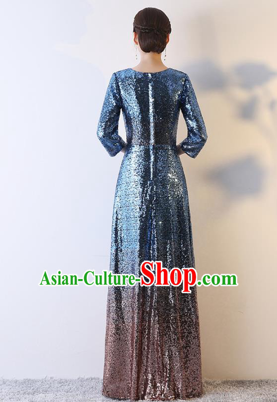Top Grade Compere Blue Sequins Full Dress Annual Gala Stage Show Chorus Costume for Women