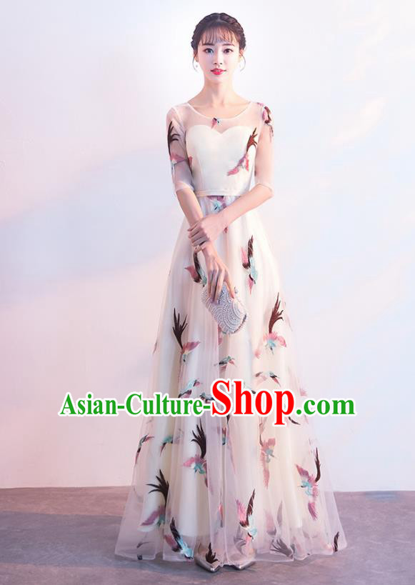 Top Grade Compere Printing Birds White Full Dress Annual Gala Stage Show Chorus Costume for Women