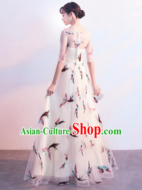 Top Grade Compere Printing Birds White Full Dress Annual Gala Stage Show Chorus Costume for Women