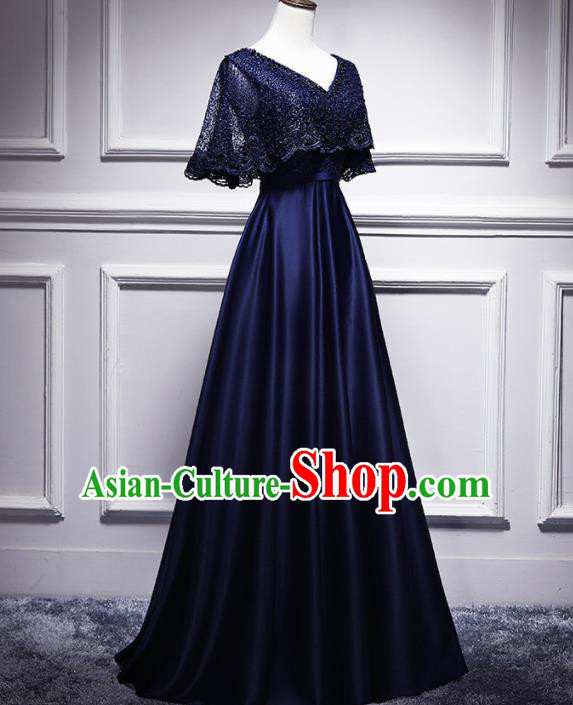 Top Grade Compere Navy Lace Satin Full Dress Annual Gala Stage Show Chorus Costume for Women