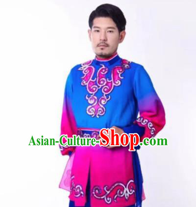 Chinese Traditional Uyghur Nationality Embroidered Blue Clothing Xinjiang Ethnic Folk Dance Costume for Men
