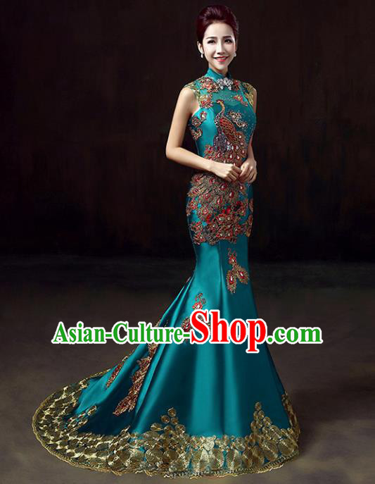 Top Grade Compere Embroidered Peacock Blue Full Dress Annual Gala Stage Show Chorus Costume for Women