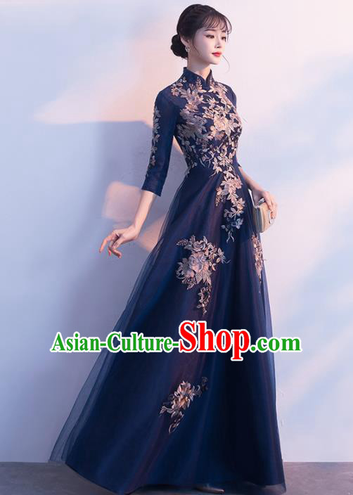 Top Grade Compere Embroidered Navy Veil Full Dress Annual Gala Stage Show Chorus Costume for Women