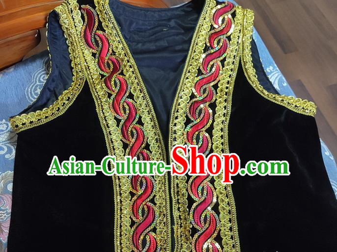 Chinese Traditional Uyghur Nationality Black Vest Ethnic Folk Dance Stage Show Costume for Men