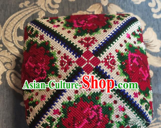 Chinese Traditional Uyghur Nationality Embroidered Red Flowers Hat Ethnic Folk Dance Stage Show Headwear for Women