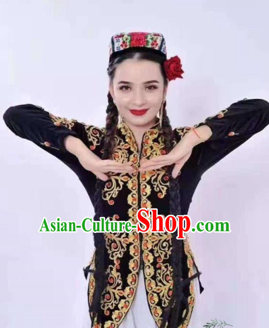 Chinese Traditional Uyghur Nationality Dance Embroidered Black Vest Xinjiang Ethnic Stage Show Costume for Women