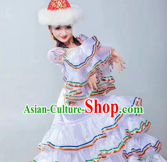 Chinese Traditional Tajik Nationality Dance White Dress Xinjiang Ethnic Stage Show Costume for Women