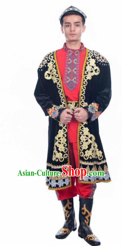 Chinese Traditional Uyghur Nationality Embroidered Black Outfits Xinjiang Ethnic Folk Dance Stage Show Costume for Men