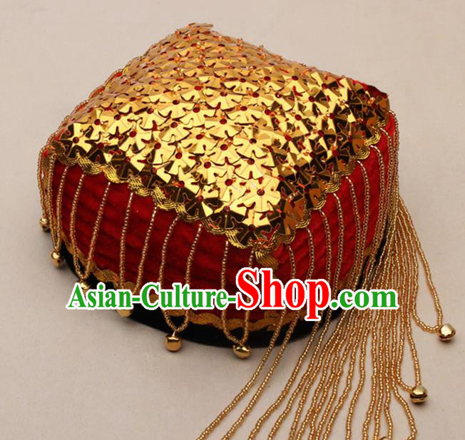 Chinese Traditional Uyghur Nationality Golden Sequins Tassel Red Hat Ethnic Folk Dance Stage Show Headwear for Women