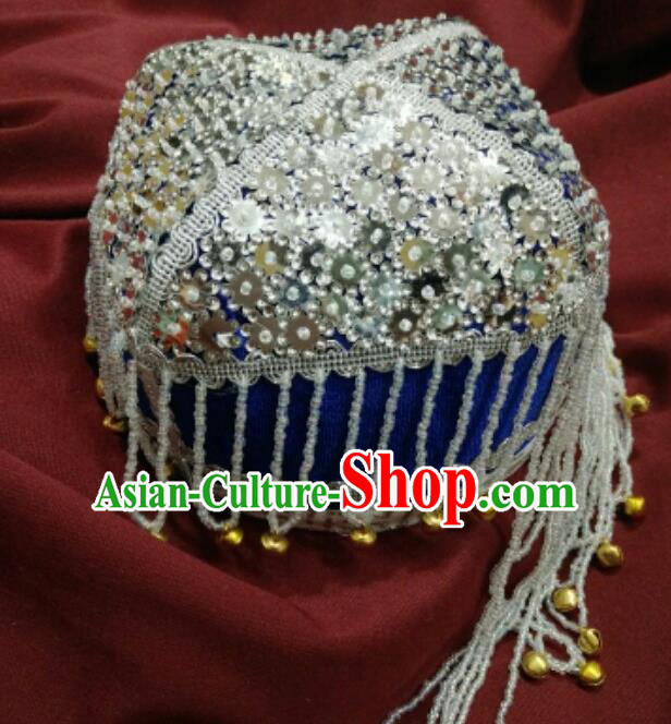 Chinese Traditional Uyghur Nationality Argent Sequins Tassel Blue Hat Ethnic Folk Dance Stage Show Headwear for Women