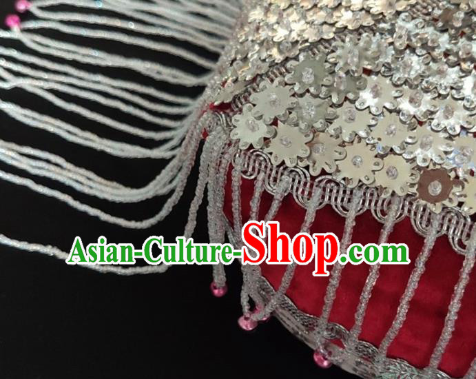 Chinese Traditional Uyghur Nationality Argent Sequins Tassel Red Hat Ethnic Folk Dance Stage Show Headwear for Women