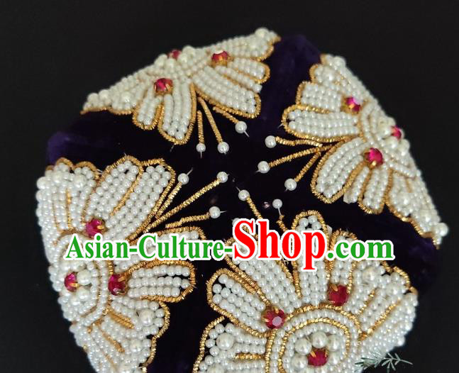 Chinese Traditional Uyghur Nationality Embroidered Beads Deep Blue Hat Ethnic Folk Dance Stage Show Headwear for Women