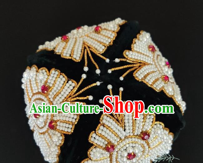 Chinese Traditional Uyghur Nationality Embroidered Beads Black Hat Ethnic Folk Dance Stage Show Headwear for Women