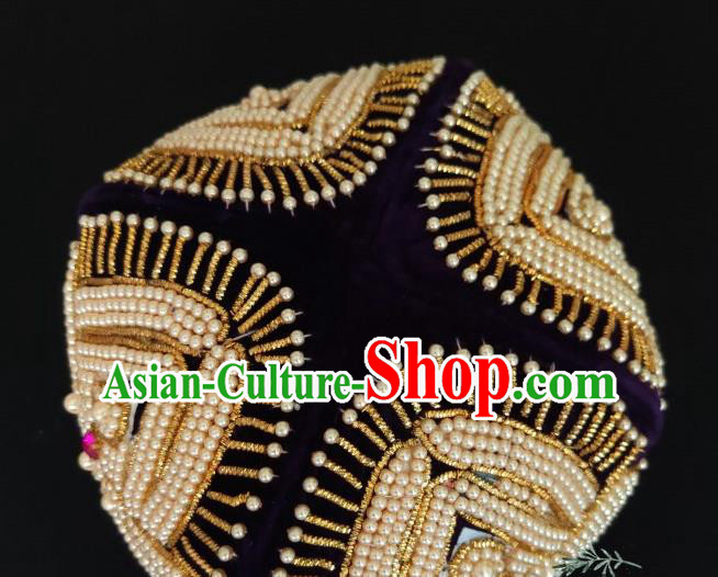 Chinese Traditional Uyghur Nationality Embroidered Beads Purple Hat Ethnic Folk Dance Stage Show Headwear for Women