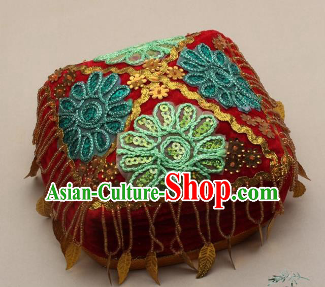 Chinese Traditional Uyghur Nationality Girls Embroidered Red Hat Ethnic Folk Dance Stage Show Headwear for Kids