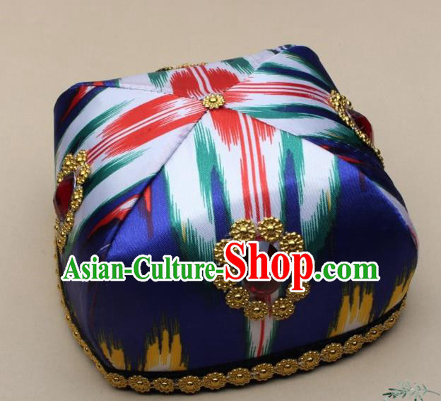 Chinese Traditional Uyghur Nationality Girls Royalblue Ribbon Hat Ethnic Folk Dance Stage Show Headwear for Kids