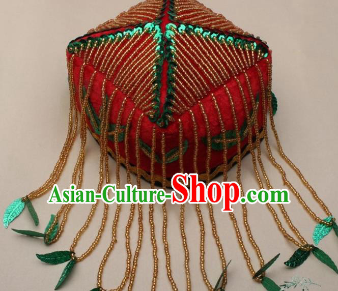 Chinese Traditional Uyghur Nationality Girls Green Leaf Tassel Hat Ethnic Folk Dance Stage Show Headwear for Kids