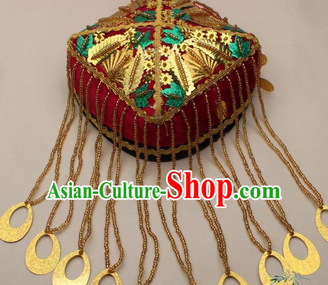 Chinese Traditional Uyghur Nationality Girls Golden Beads Tassel Hat Ethnic Folk Dance Stage Show Headwear for Kids