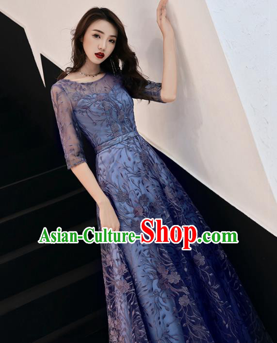 Top Grade Compere Embroidered Blue Full Dress Annual Gala Stage Show Costume for Women