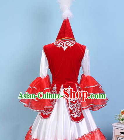 Chinese Traditional Xinjiang Kazak Nationality Embroidered Dress Ethnic Folk Dance Costume for Women