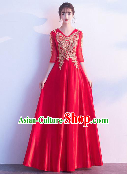 Top Grade Compere Red Satin Full Dress Annual Gala Stage Show Chorus Costume for Women