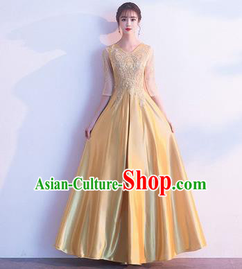 Top Grade Compere Yellow Satin Full Dress Annual Gala Stage Show Chorus Costume for Women