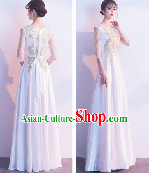 Top Grade Compere White Satin Full Dress Annual Gala Stage Show Chorus Costume for Women