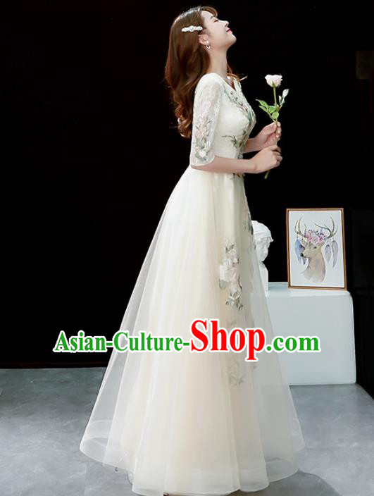 Top Grade Compere Embroidered Beige Veil Full Dress Annual Gala Stage Show Chorus Costume for Women