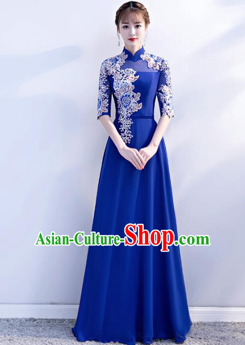 Top Grade Compere Embroidered Royalblue Qipao Dress Annual Gala Stage Show Chorus Costume for Women