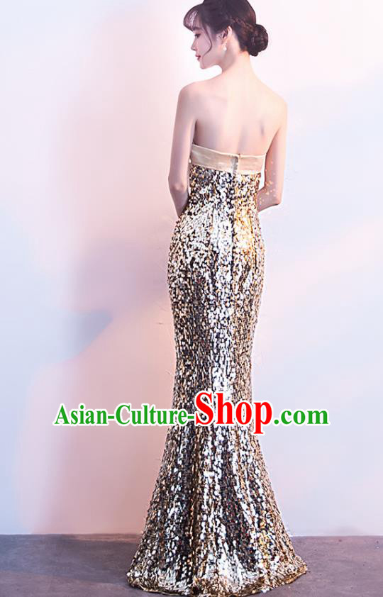 Top Grade Compere Champagne Gold Full Dress Annual Gala Stage Show Costume for Women