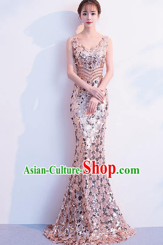 Top Grade Compere Champagne Sequins Full Dress Annual Gala Stage Show Costume for Women