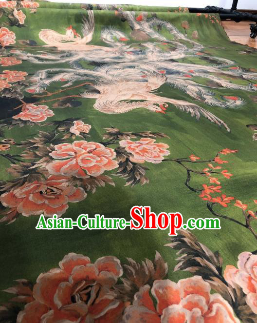 Asian Chinese Traditional Phoenix Peony Pattern Design Deep Green Gambiered Guangdong Gauze Fabric Silk Material