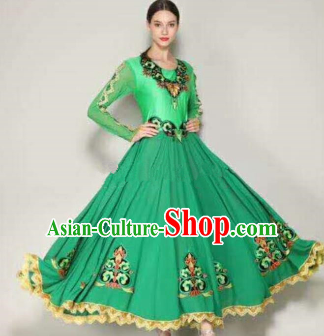 Traditional Chinese Xinjiang Uyghur Nationality Folk Dance Green Dress Ethnic Stage Show Costume for Women