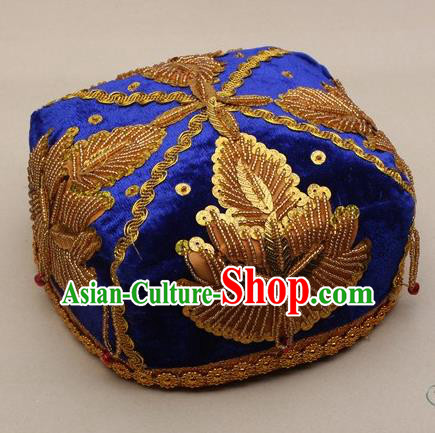 Chinese Traditional Uyghur Minority Boys Embroidered Beads Royalblue Hat Ethnic Xinjiang Stage Show Headwear for Kids