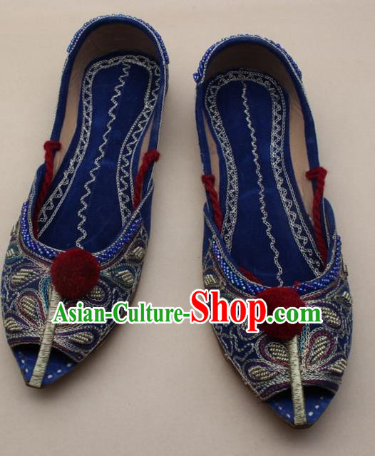 Asian India Traditional National Embroidered Royalblue Shoes Handmade Indian Folk Dance Shoes for Women