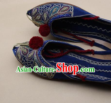 Asian India Traditional National Embroidered Royalblue Shoes Handmade Indian Folk Dance Shoes for Women