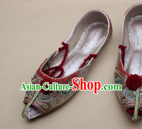 Asian India Traditional National Embroidered Silver Gray Shoes Handmade Indian Folk Dance Shoes for Women