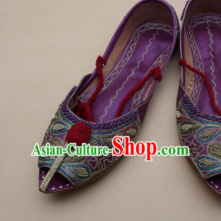 Asian India Traditional National Embroidered Purple Shoes Handmade Indian Folk Dance Shoes for Women