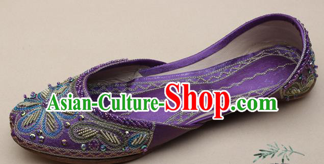 Asian India National Embroidered Purple Leather Shoes Handmade Indian Traditional Folk Dance Shoes for Women