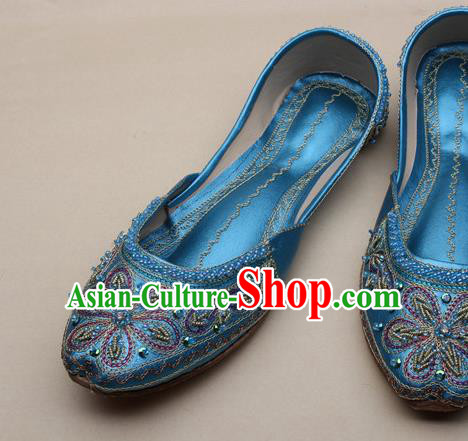 Asian India National Embroidered Blue Leather Shoes Handmade Indian Traditional Folk Dance Shoes for Women