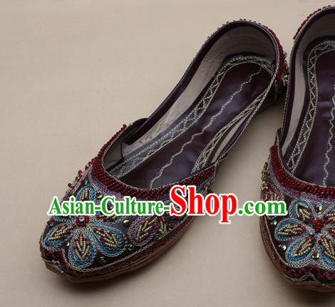 Asian India National Embroidered Purplish Red Leather Shoes Handmade Indian Traditional Folk Dance Shoes for Women