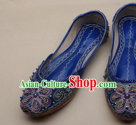 Asian India National Embroidered Royalblue Leather Shoes Handmade Indian Traditional Folk Dance Shoes for Women