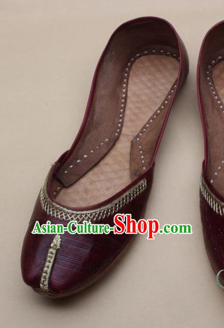 Asian Nepal National Handmade Wine Red Leather Shoes Indian Traditional Folk Dance Shoes for Women