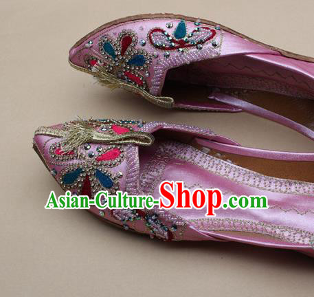 Asian Nepal National Handmade Embroidered Pink Shoes Indian Traditional Folk Dance Leather Shoes for Women