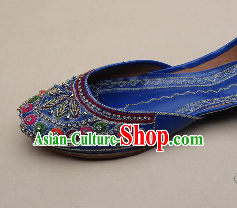 Asian Nepal National Handmade Embroidered Beads Royalblue Shoes Indian Traditional Folk Dance Leather Shoes for Women