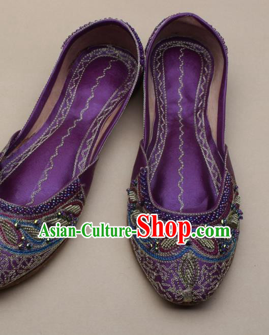 Asian Nepal National Handmade Beaded Purple Leather Shoes Indian Traditional Folk Dance Shoes for Women