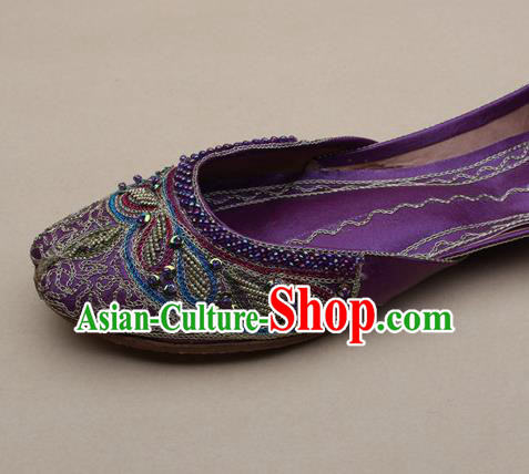 Asian Nepal National Handmade Beaded Purple Leather Shoes Indian Traditional Folk Dance Shoes for Women
