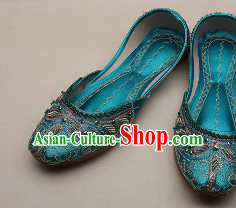 Asian Nepal National Handmade Beaded Green Leather Shoes Indian Traditional Folk Dance Shoes for Women