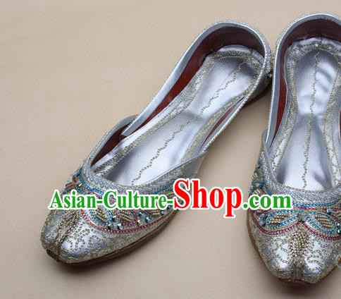 Asian Nepal National Handmade Beaded Silver Leather Shoes Indian Traditional Folk Dance Shoes for Women