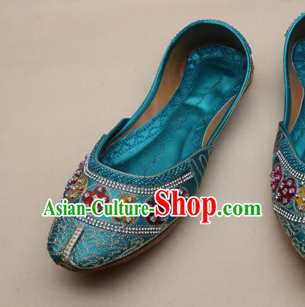 Asian Nepal National Blue Leather Shoes Handmade Indian Traditional Folk Dance Shoes for Women